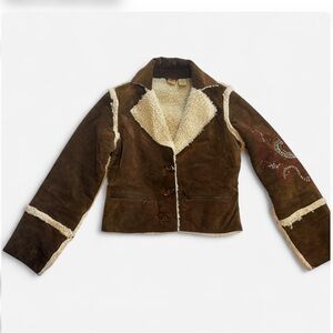 True Y2K leather embroidered jacket with faux fur trim
